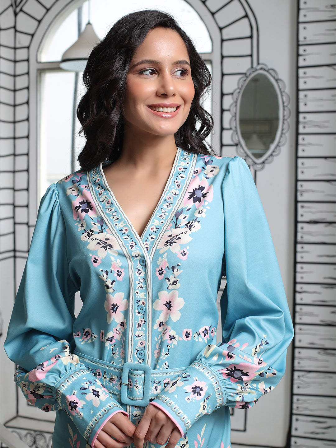 Cerulean Enchanted Garden Print Dress - Elganza