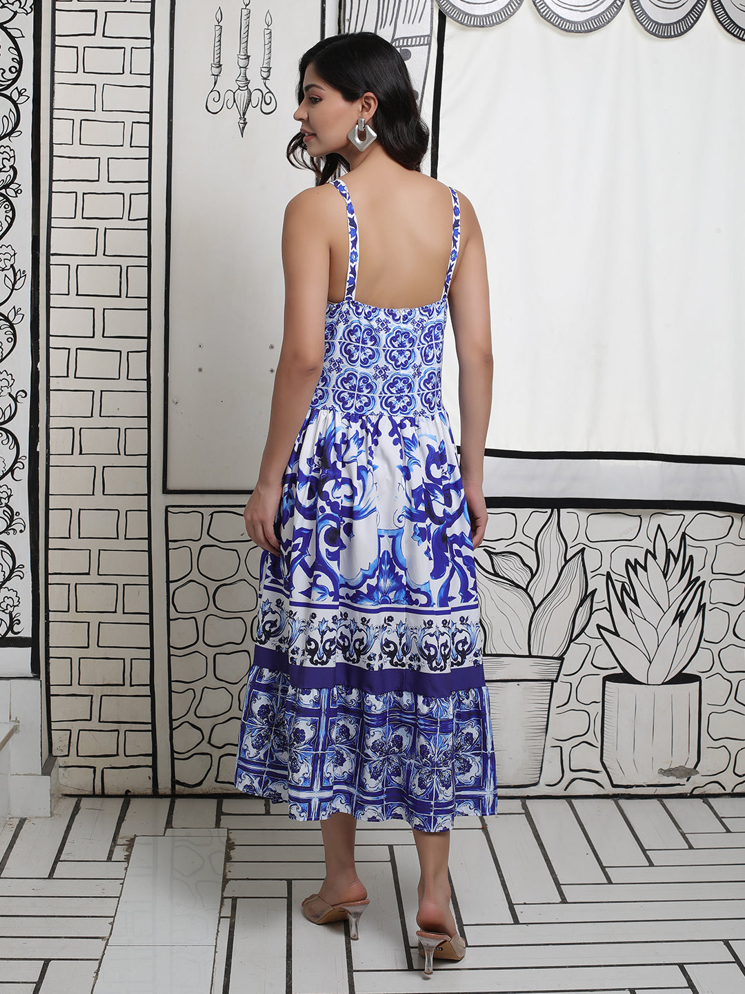 Blue pottery Print Tiered Dress - Elganza
