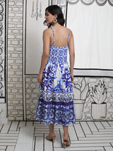 Blue pottery Print Tiered Dress - Elganza
