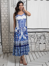 Blue pottery Print Tiered Dress - Elganza