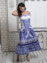 Blue pottery Print Tiered Dress - Elganza