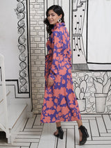 Cerulean Dress with Beige Floral Motifs - Elganza