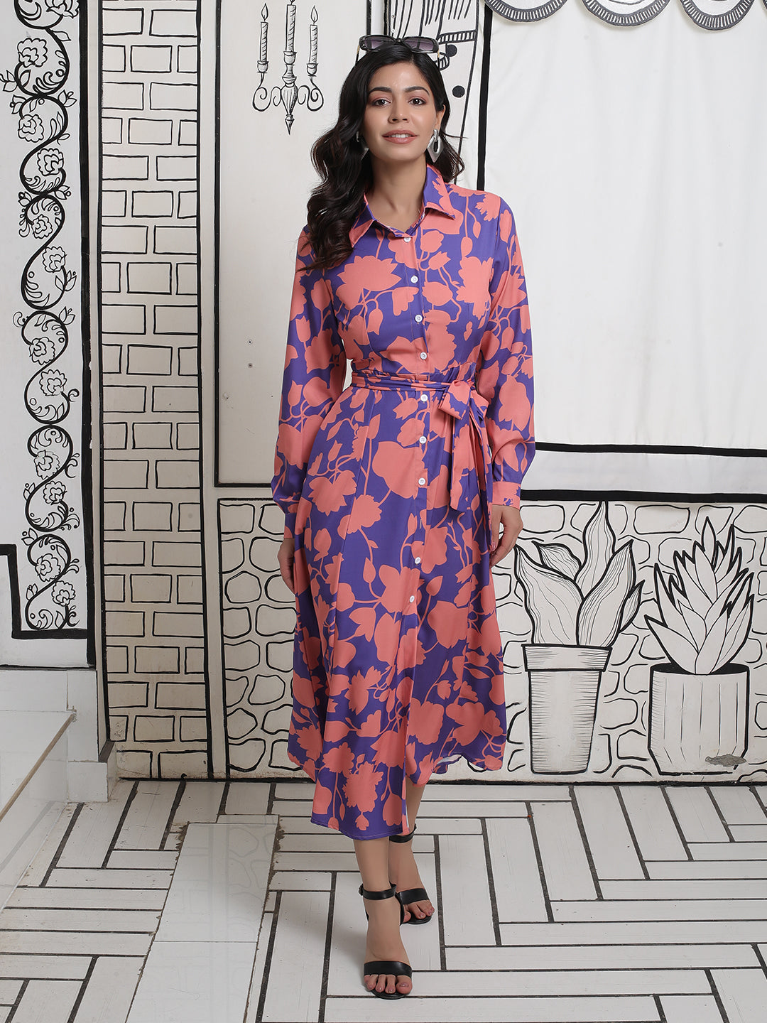 Cerulean Dress with Beige Floral Motifs - Elganza