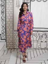 Cerulean Dress with Beige Floral Motifs - Elganza