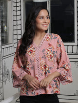 Peach Color lace Ttop with Flared Sleeve - Elganza