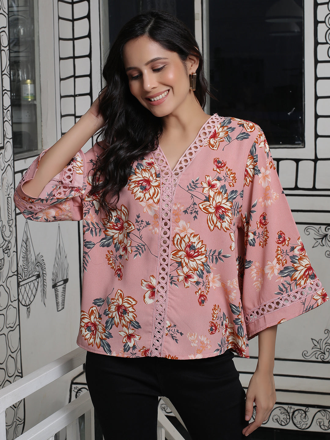 Peach Color lace Ttop with Flared Sleeve - Elganza