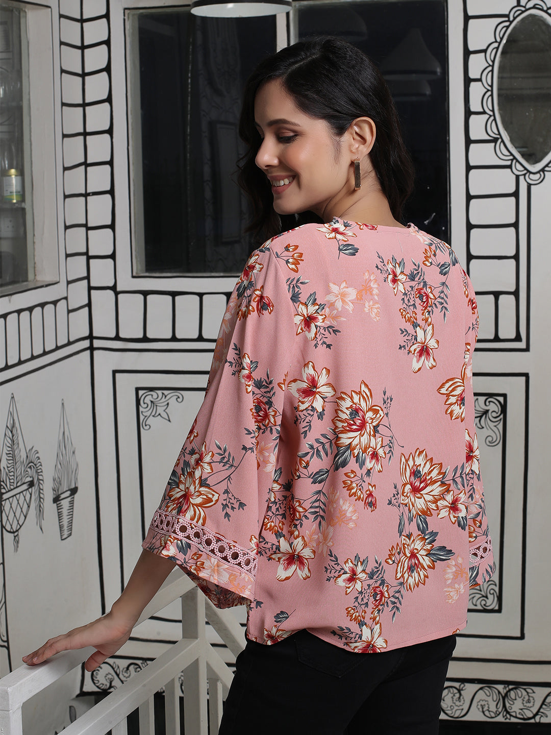 Peach Color lace Ttop with Flared Sleeve - Elganza
