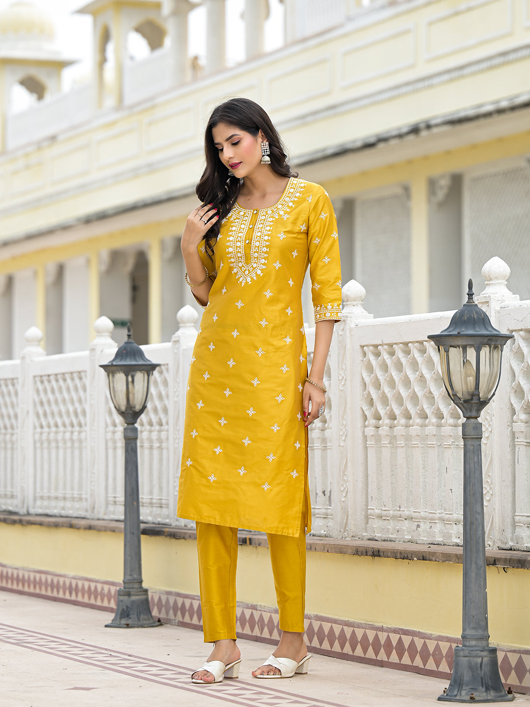 Mustard Kurta Set with Thread Embroidery - Elganza