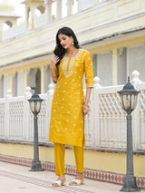 Mustard Kurta Set with Thread Embroidery - Elganza
