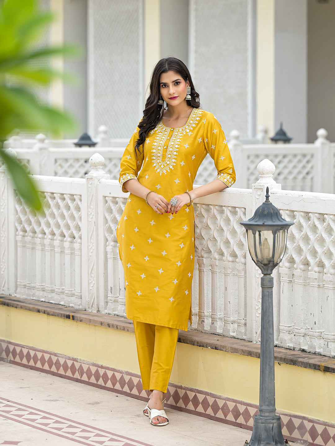 Mustard Kurta Set with Thread Embroidery - Elganza