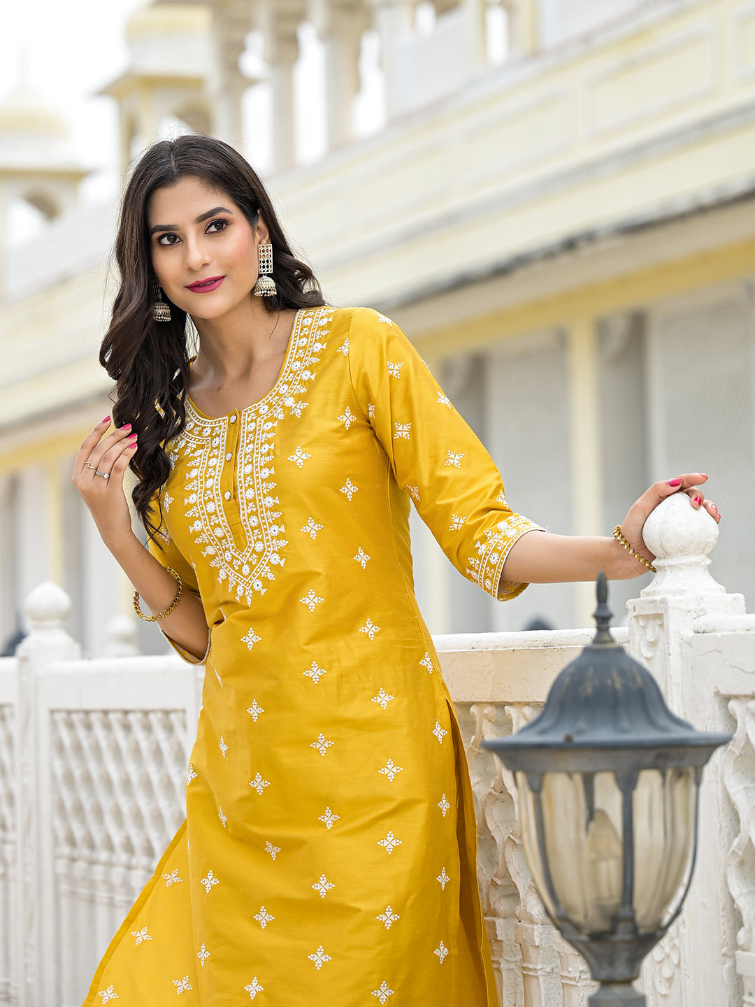 Mustard Kurta Set with Thread Embroidery - Elganza