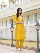 Mustard Kurta Set with Thread Embroidery - Elganza