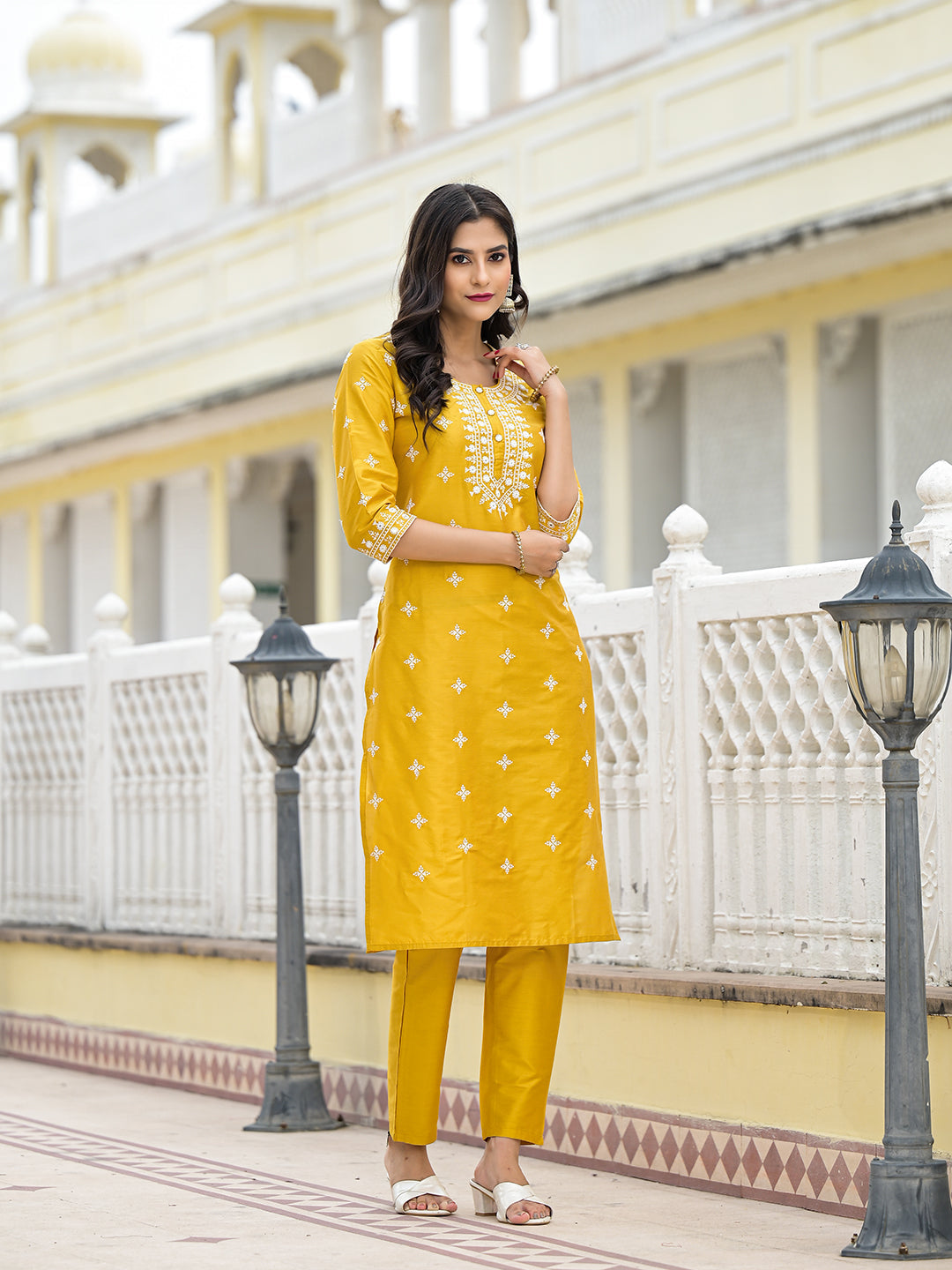 Mustard Kurta Set with Thread Embroidery - Elganza