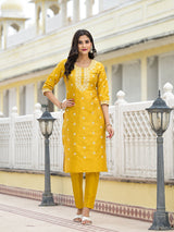 Mustard Kurta Set with Thread Embroidery - Elganza