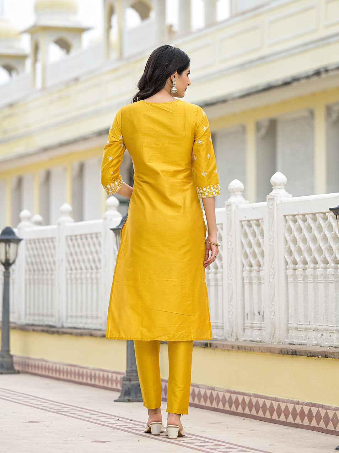Mustard Kurta Set with Thread Embroidery - Elganza