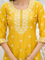 Mustard Kurta Set with Thread Embroidery - Elganza