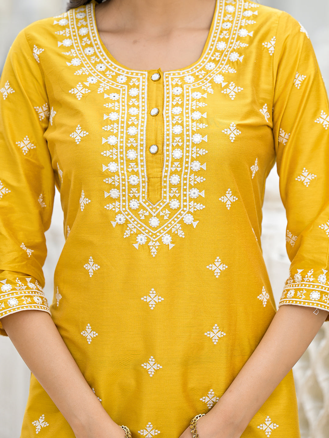 Mustard Kurta Set with Thread Embroidery - Elganza