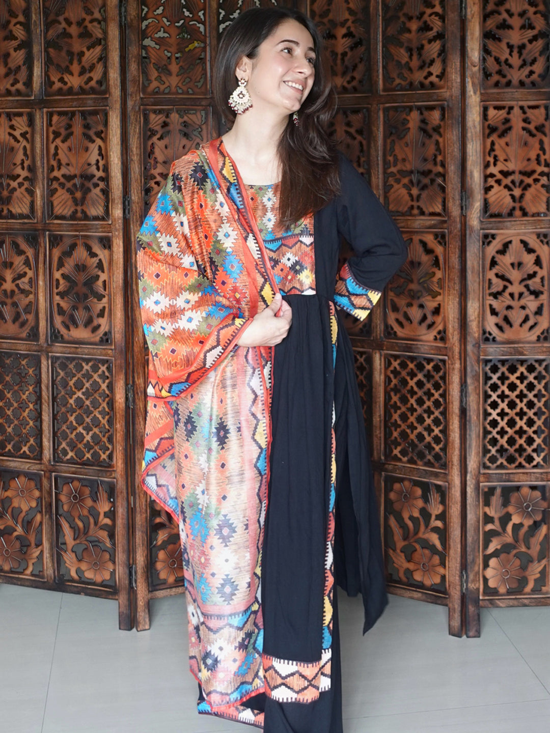 Black Nyra Cut A-Line Kurta Set - Elganza