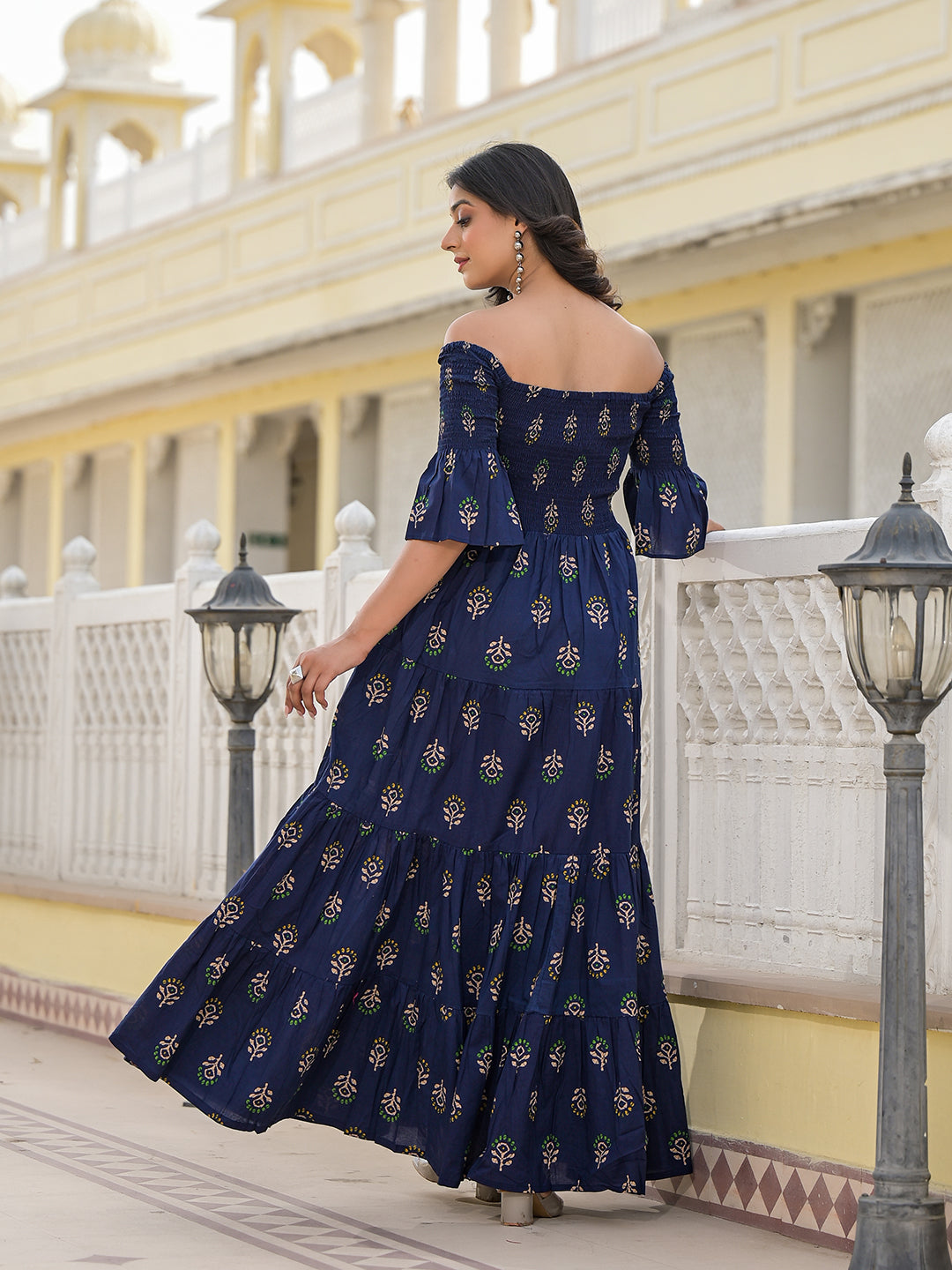 Indigo Off Shoulder tiered Maxi dress - Elganza
