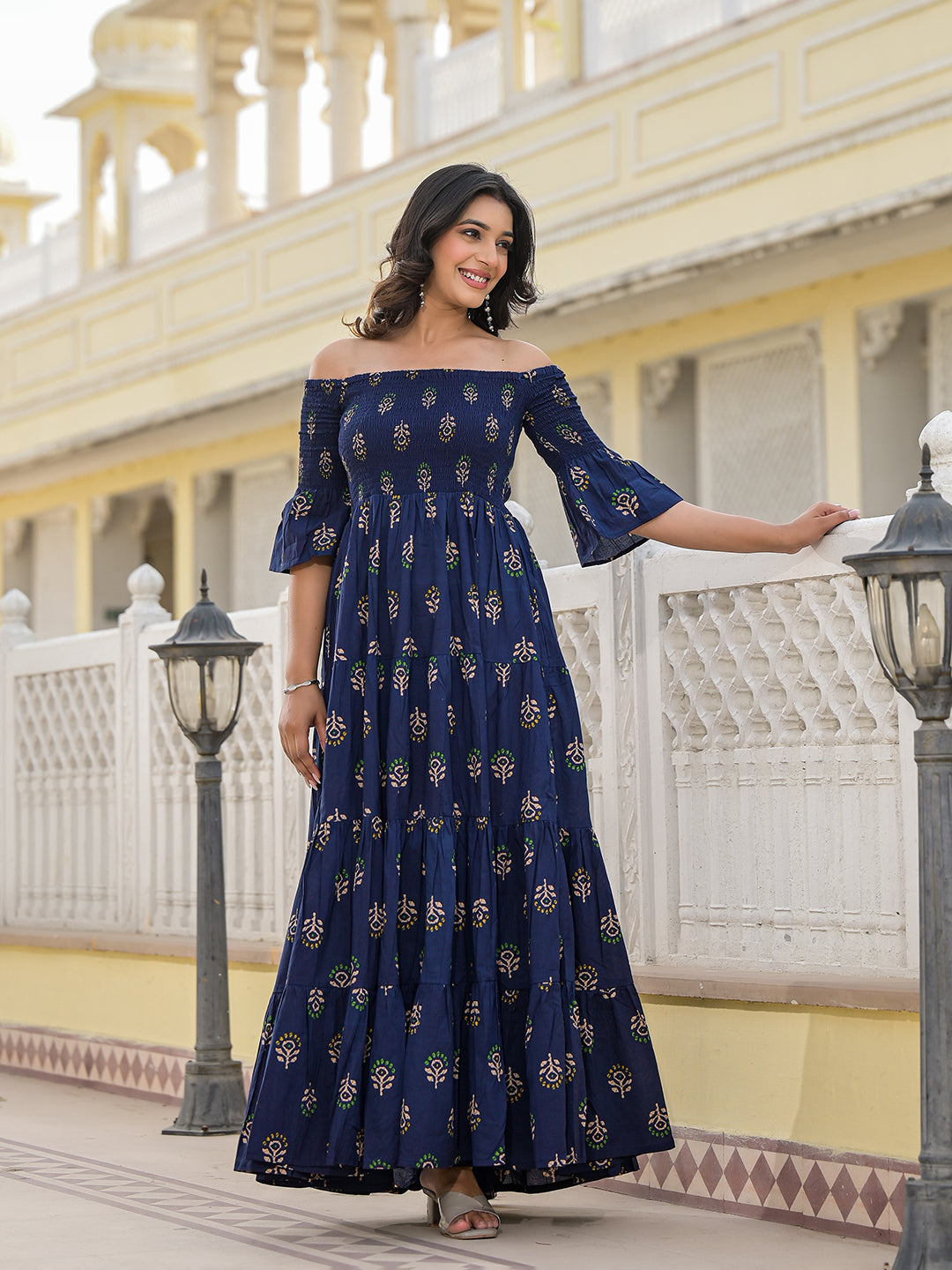 Indigo Off Shoulder tiered Maxi dress - Elganza