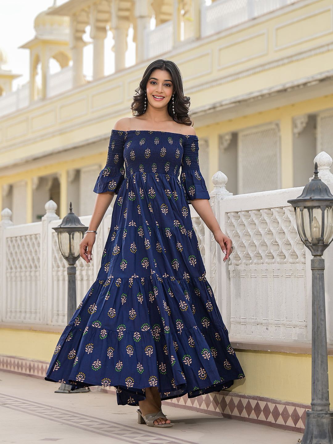 Indigo Off Shoulder tiered Maxi dress - Elganza