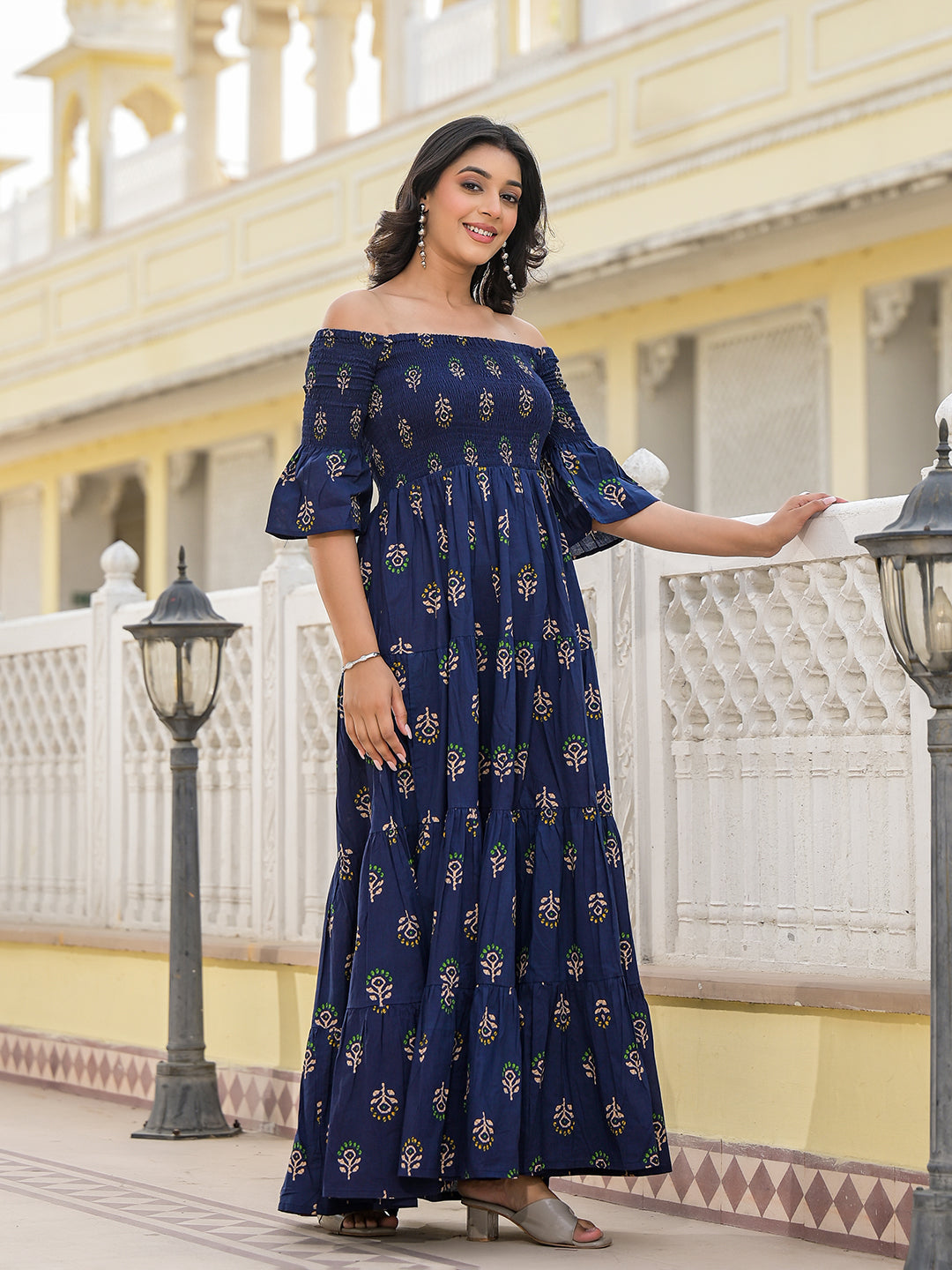 Indigo Off Shoulder tiered Maxi dress - Elganza