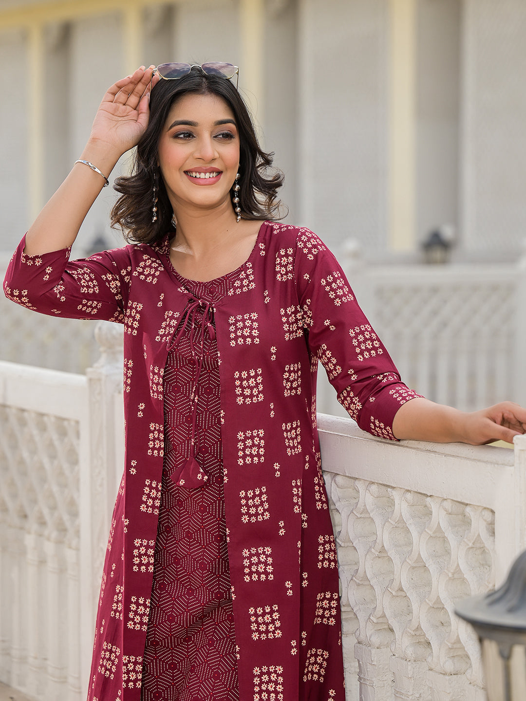 Maroon Cotton Double Layered Kurta Set - Elganza