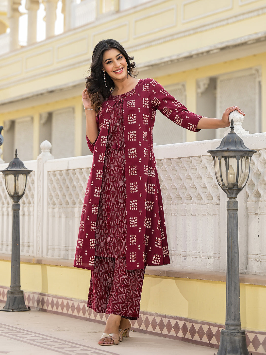 Maroon Cotton Double Layered Kurta Set - Elganza