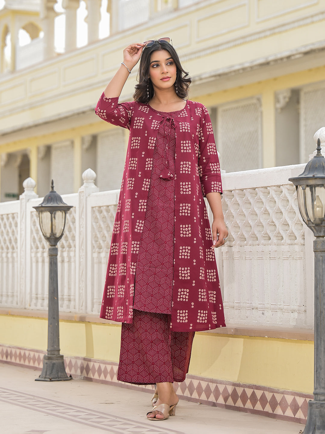 Maroon Cotton Double Layered Kurta Set - Elganza