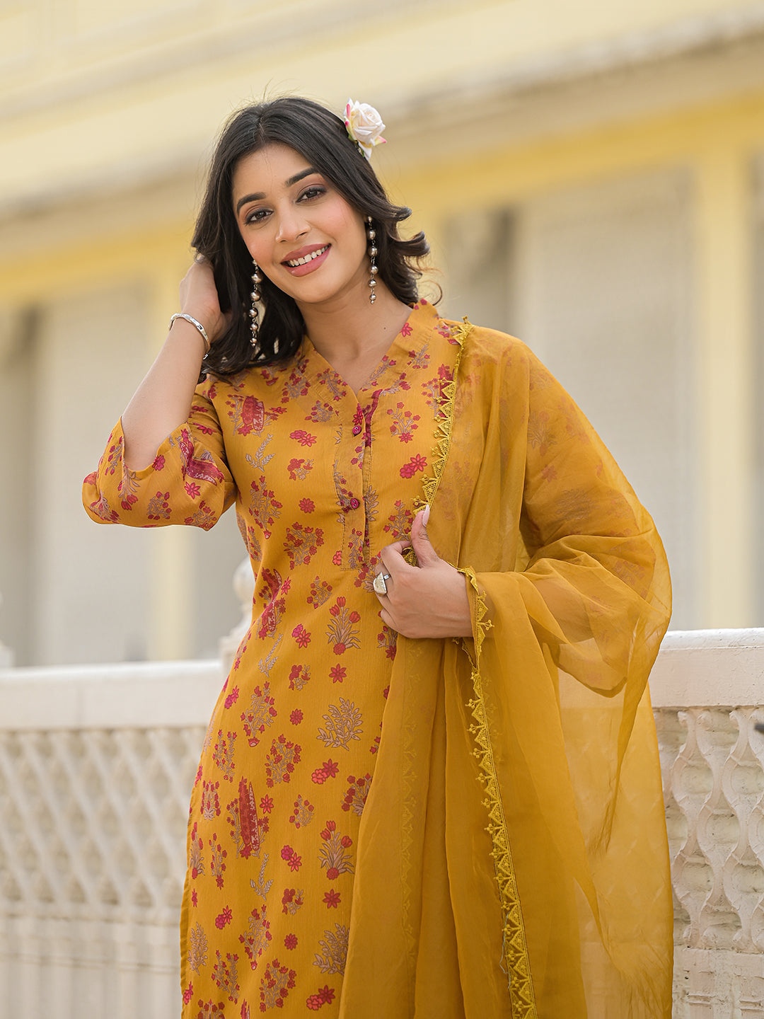 Mustrad Chanderi Kurta Set With Organza Dupatta - Elganza