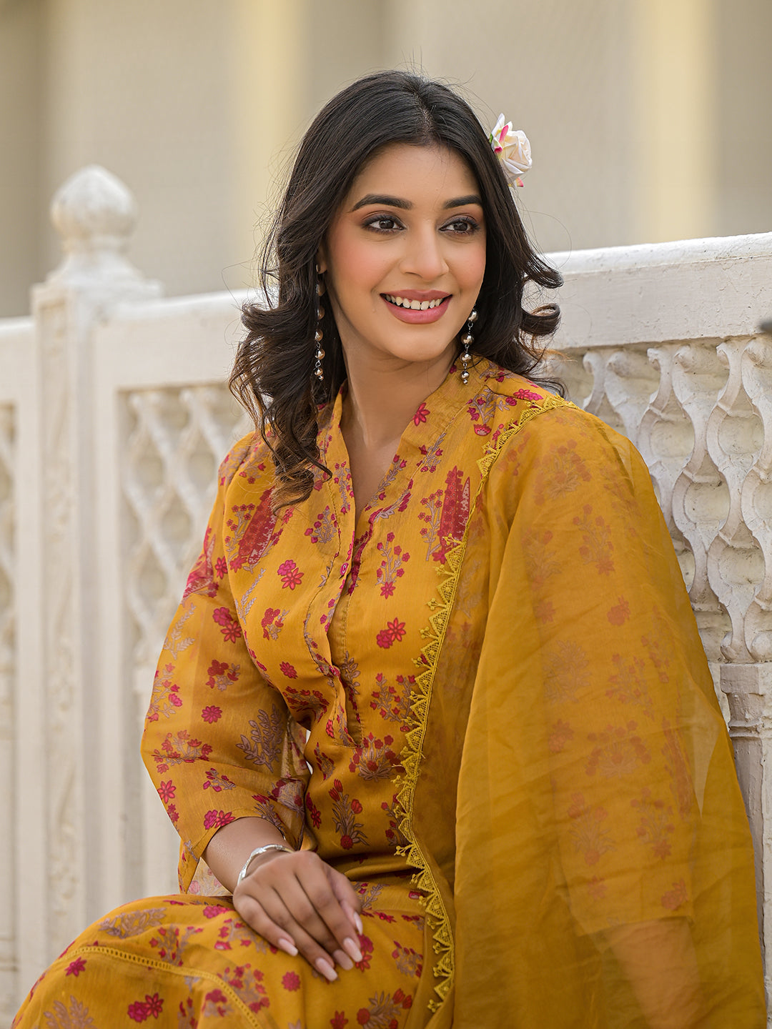 Mustrad Chanderi Kurta Set With Organza Dupatta - Elganza