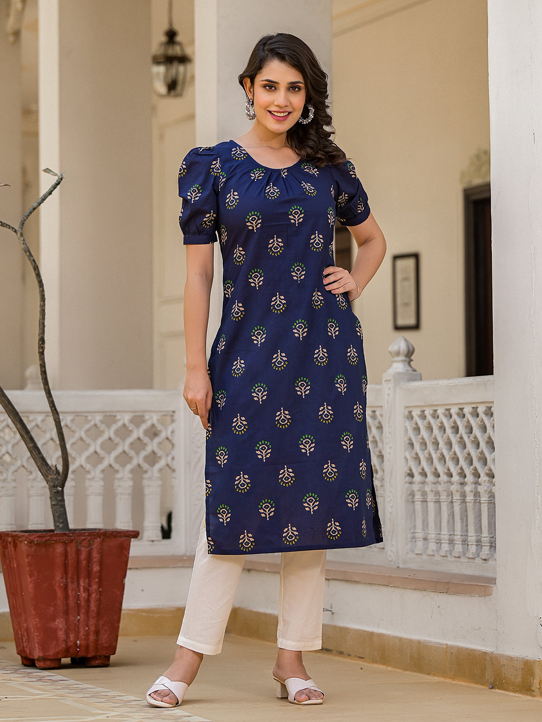 Indigo Cotton Straight Kurta with Puffed Sleeves - Elganza