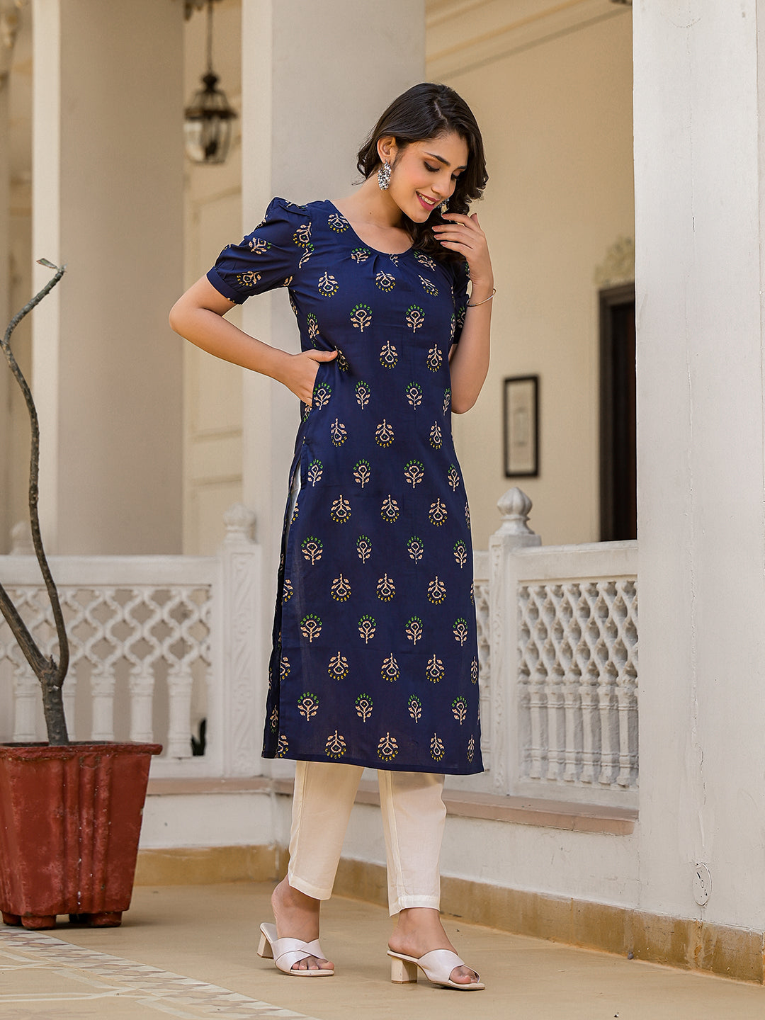 Indigo Cotton Straight Kurta with Puffed Sleeves - Elganza