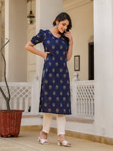 Indigo Cotton Straight Kurta with Puffed Sleeves - Elganza
