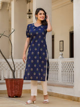 Indigo Cotton Straight Kurta with Puffed Sleeves - Elganza