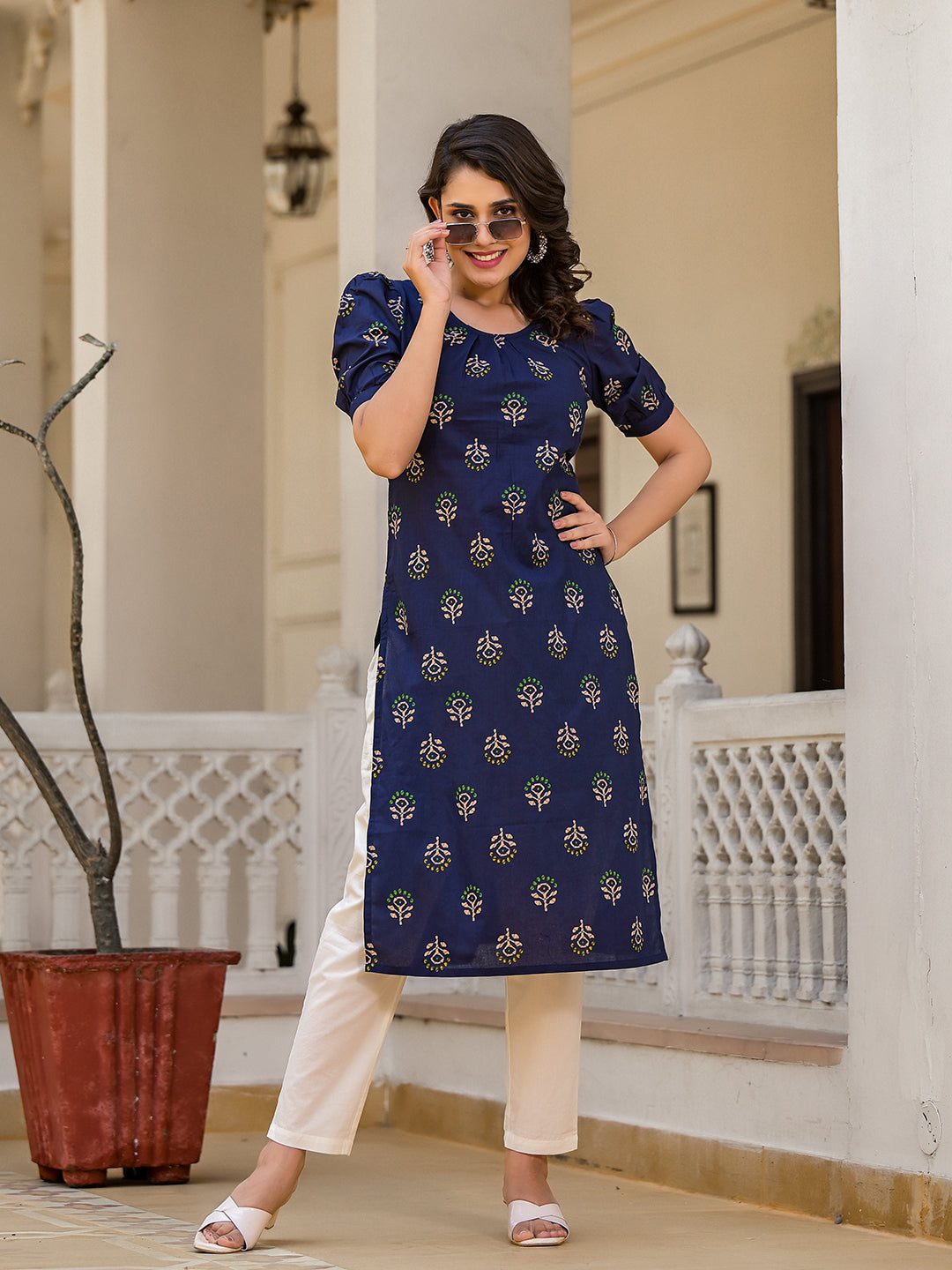 Indigo Cotton Straight Kurta with Puffed Sleeves - Elganza