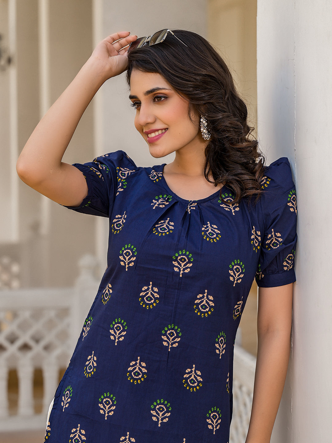Indigo Cotton Straight Kurta with Puffed Sleeves - Elganza