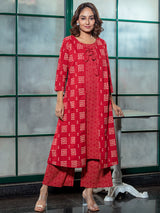 Red layered Kurta Set with jacket - Elganza