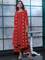 Red layered Kurta Set with jacket - Elganza