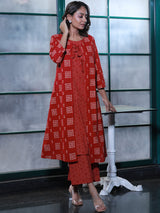 Red layered Kurta Set with jacket - Elganza