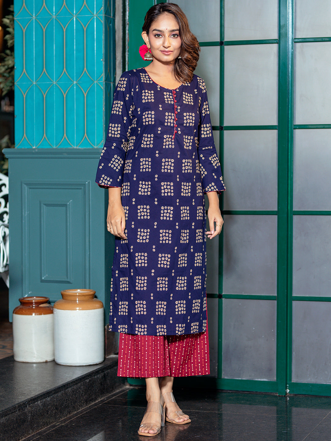 Navy Blue Kurta Palazzo Set - Elganza