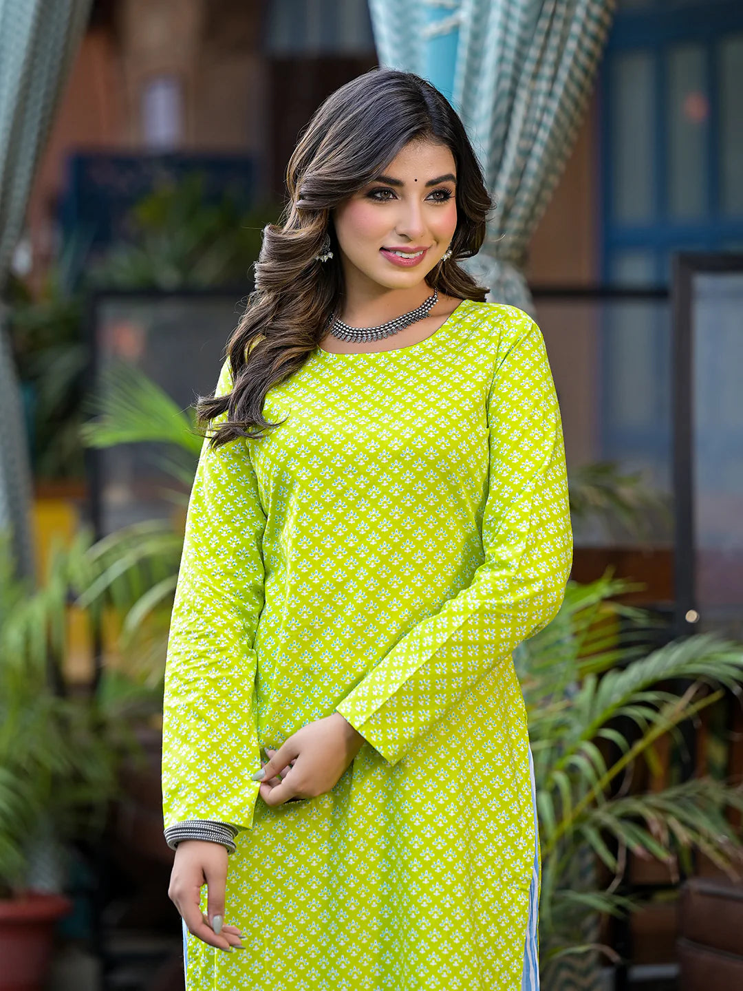 Lime Green Ethnic Motif Kurta with Blue Cotton Palazzo - Elganza