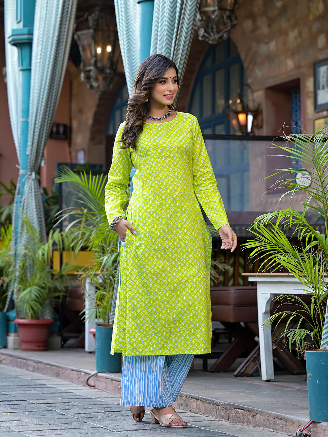 Lime Green Ethnic Motif Kurta with Blue Cotton Palazzo - Elganza