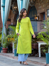Lime Green Ethnic Motif Kurta with Blue Cotton Palazzo - Elganza