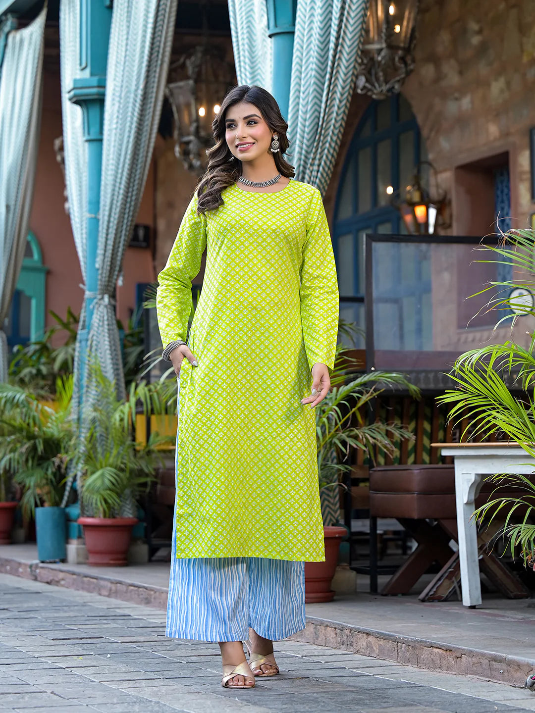 Lime Green Ethnic Motif Kurta with Blue Cotton Palazzo - Elganza