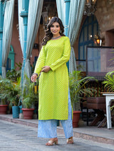 Lime Green Ethnic Motif Kurta with Blue Cotton Palazzo - Elganza