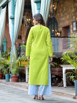 Lime Green Ethnic Motif Kurta with Blue Cotton Palazzo - Elganza
