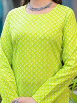Lime Green Ethnic Motif Kurta with Blue Cotton Palazzo - Elganza