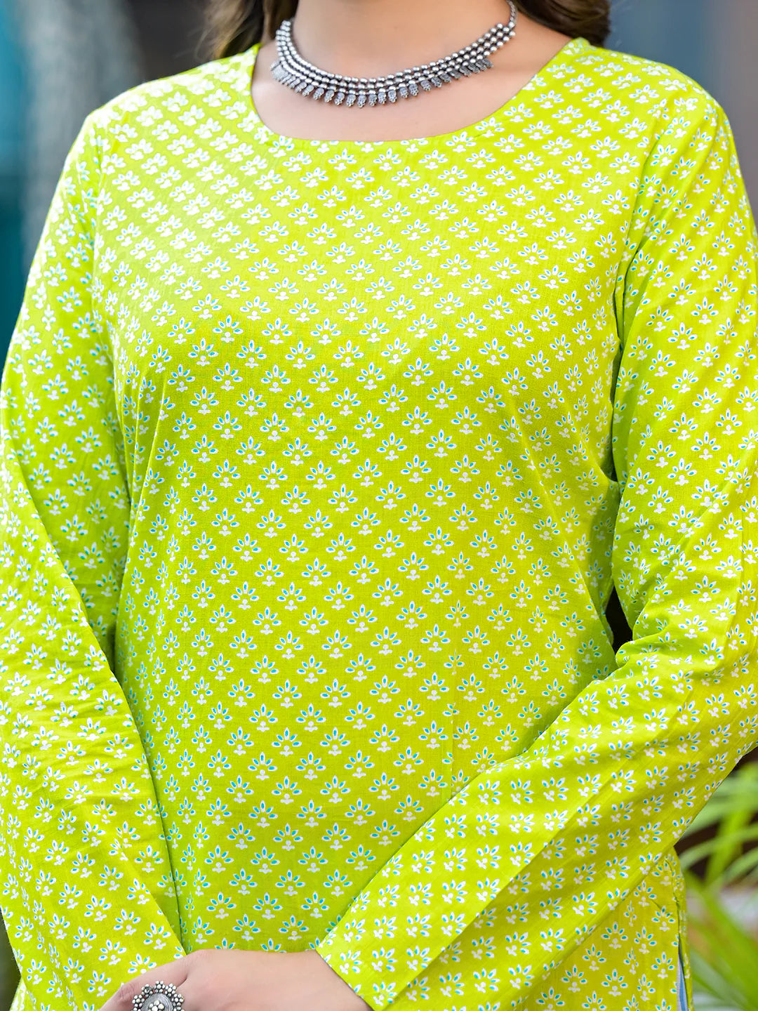 Lime Green Ethnic Motif Kurta with Blue Cotton Palazzo - Elganza