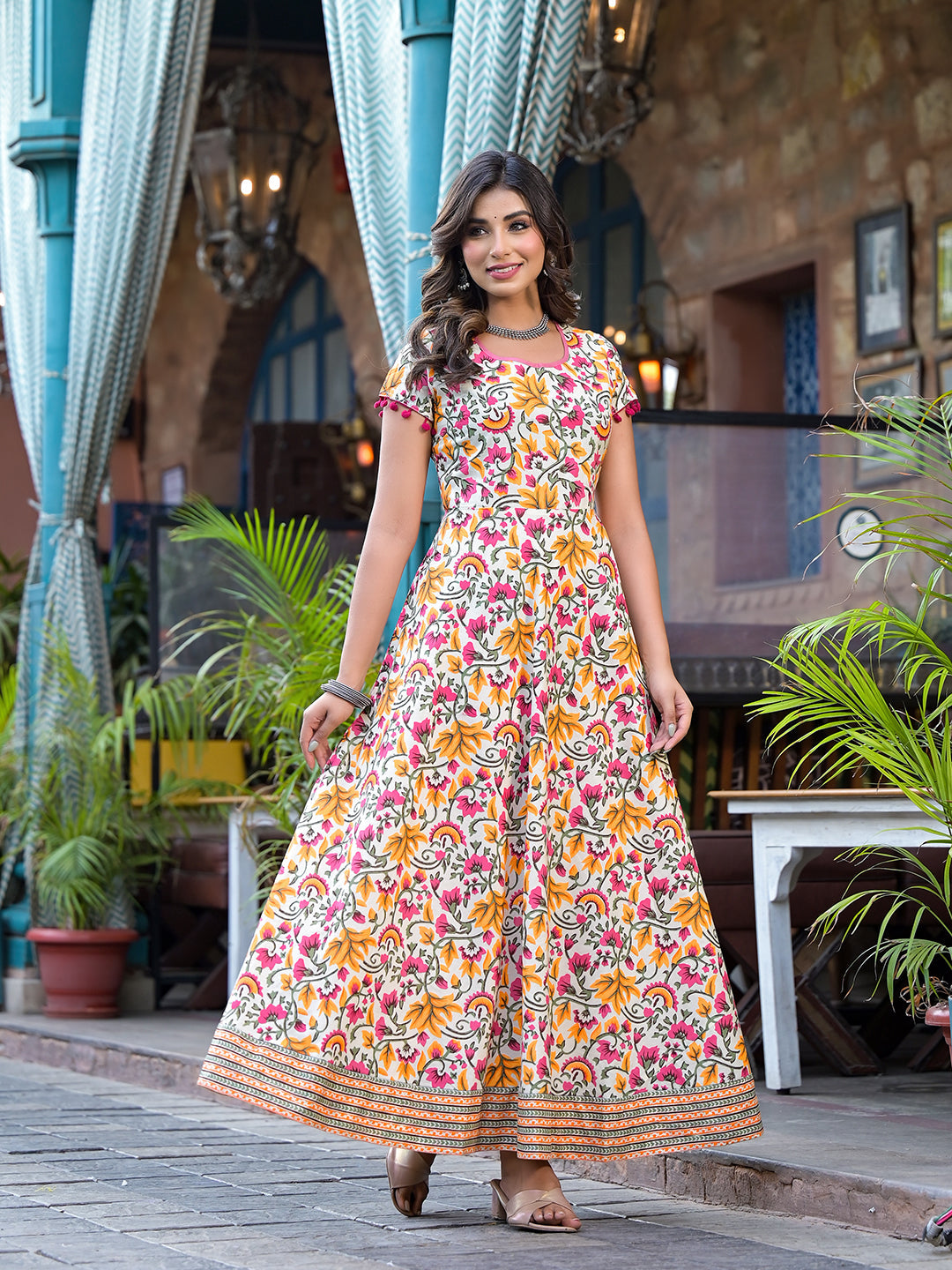 Cream Floral Print Maxi Dress - Elganza